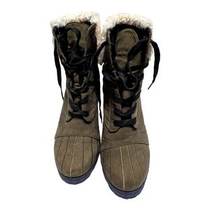 Olive green suede like and black faux